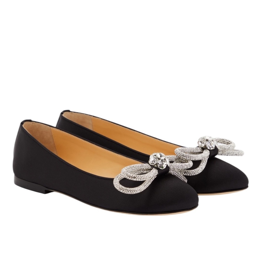 MACH & MACH Double Crystal Bow Black Satin Ballet Flats Size 38/ US 8